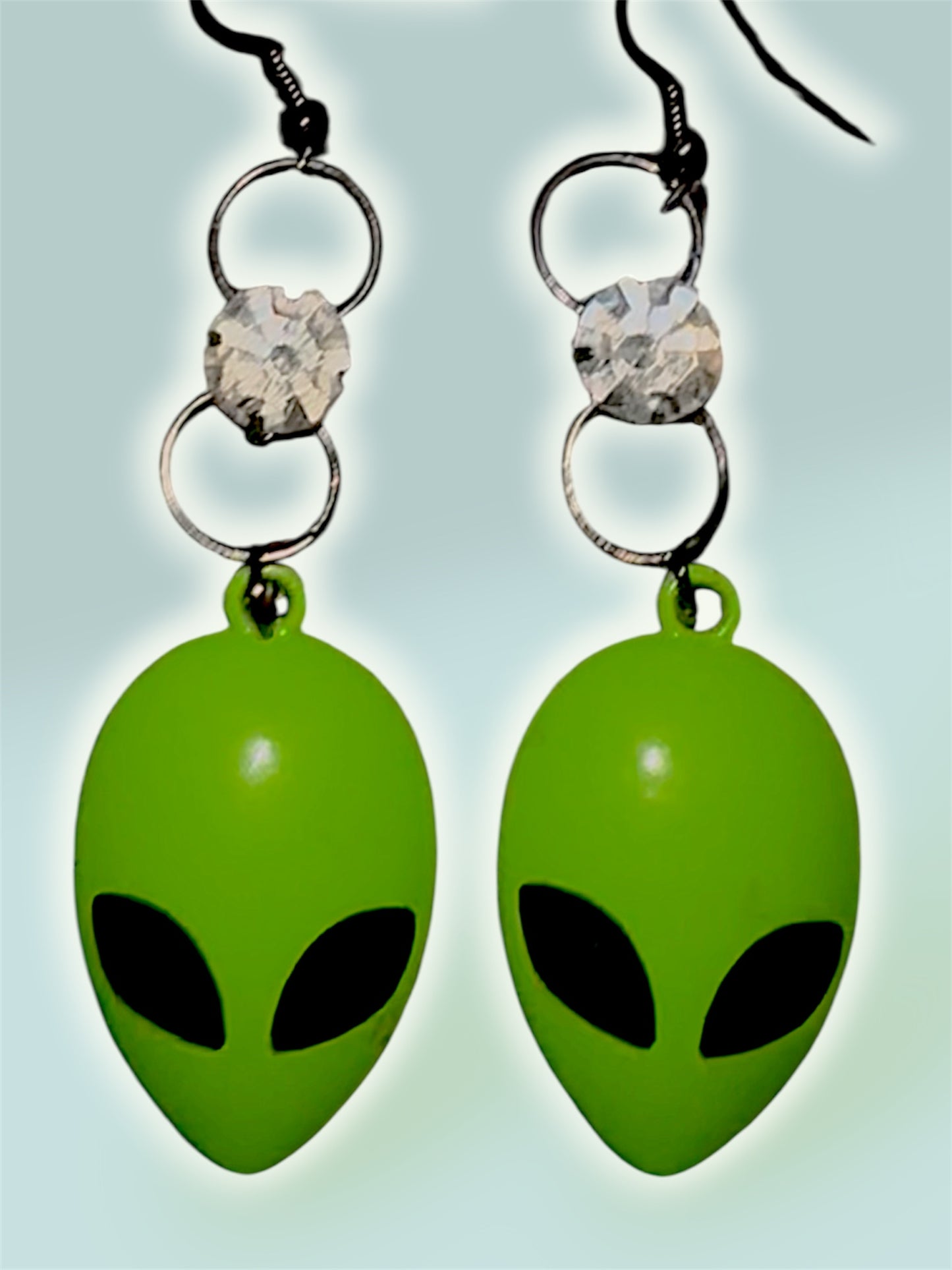 Green Alien Sparkle Dangle Earrings